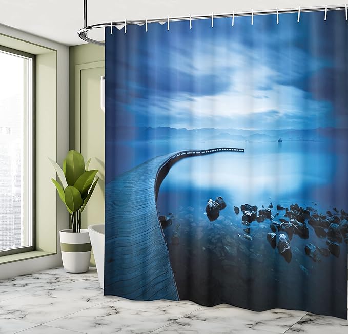 Ambesonne Seascape Shower Curtain, Seaside Rocks Curvy Jetty at Dawn Dreamy Panoramic Majestic Aquatic View Print, Cloth Fabric Bathroom Decor Set with Hooks, 69" W x 75" L, Navy Blue
