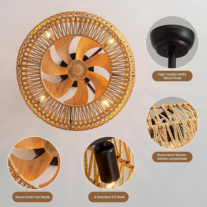 20" Boho Caged Ceiling Fan with Lights Remote Control, Rattan Cage Low Profile Bladeless Ceiling Fan, Farmhouse Ceiling Fans with Light for Kitchen, Bedroom, Dining Room