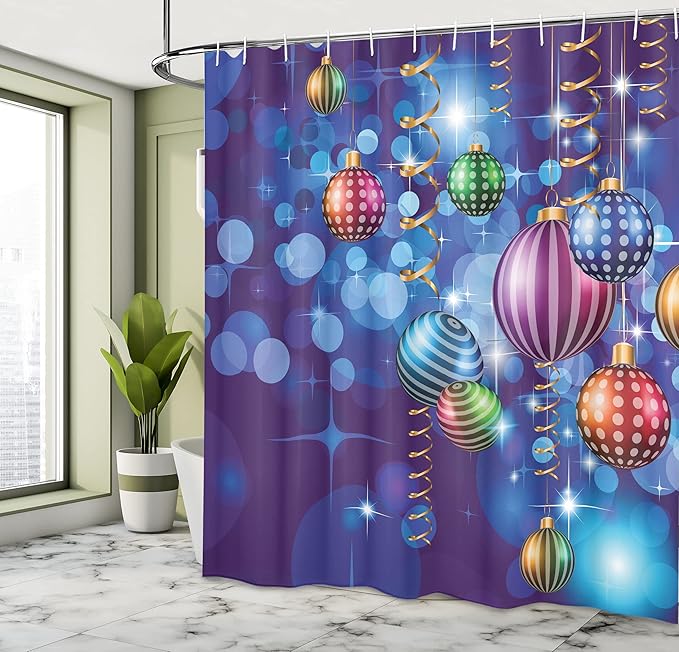 Ambesonne Christmas Shower Curtain, Happy New Year Party Celebrations Swirling Ornaments and Balls Print, Cloth Fabric Bathroom Decor Set with Hooks, 69" W x 75" L, Indigo