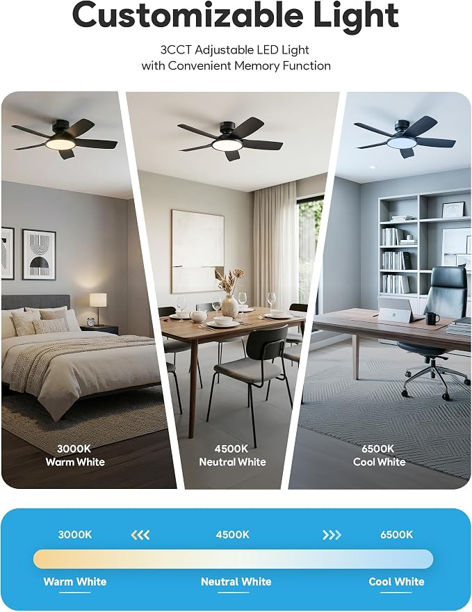 VONLUCE 42 Inch Ceiling Fan with Lights, Quick Install Ceiling Fan and Remote, 6-Speeds Noiseless Reversible DC Motor, 3CCT, Modern Ceiling Fan for Bedroom Living Room Kitchen, Black