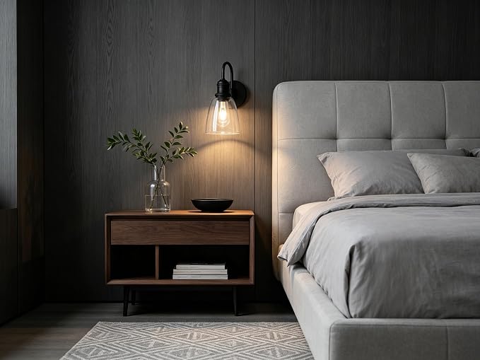 Yosoan 1-Light Vintage Wall Sconce, Black Industrial Fixture Light with Elegant Gooseneck Curved Rod, Indoor Clear Glass Shade Wall Lamp Lighting for Bathroom Porch Kitchen Living Room Restaurant