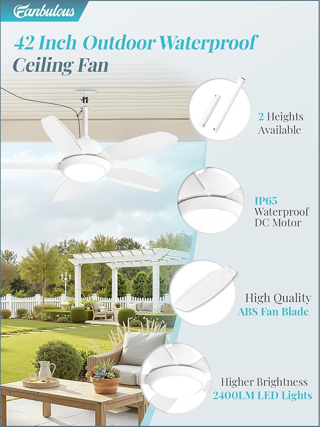 Fanbulous 42 Inch Waterproof Outdoor Ceiling Fan with Light for patio,White | IP65 Wet Rated, 3CCT Dimmable Light,Remote Control,6-Speed DC Motor, Plug-in Cord, Hanging Hook for Gazebo, Porch, Pergola.