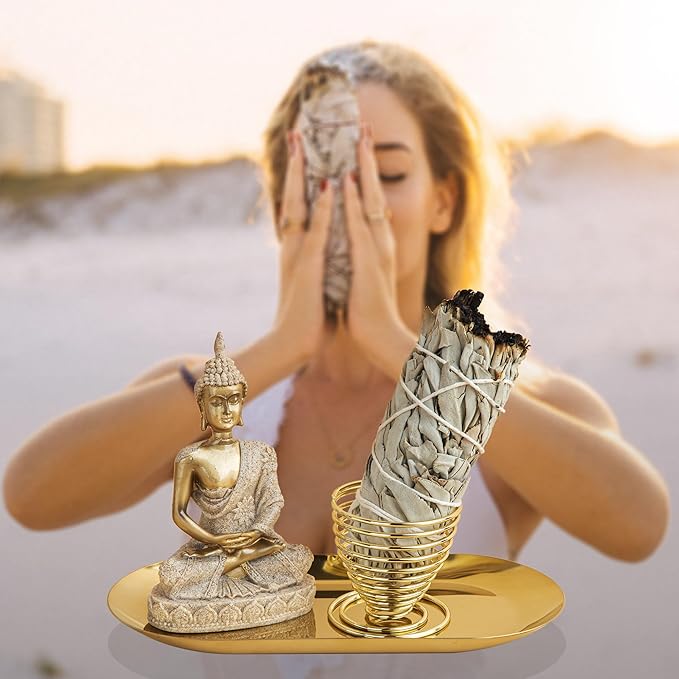 ZenBless 6 in 1 Incense Holder - Palo Santo, Buddha Statue, Sage & Incense Burner Holder for Sticks/Coil/Cones, Gold Oval Ash Catcher
