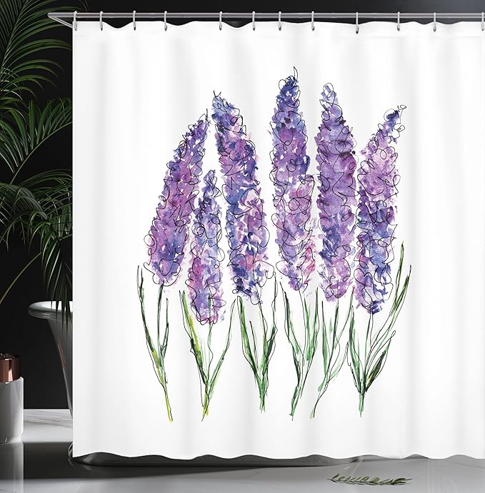 Ambesonne Watercolor Flower Shower Curtain,an Illustration of Lavender Blossoms with Fresh Colors of a Mint Family Plant Work of Art, Cloth Fabric Bathroom Set with Hooks, 69" W x 70" L, Violet White