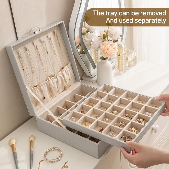 Frebeauty 50 Grid Earring Holder Organizer,2 Layer Jewelry Box for Women | Faux Leather,Velvet Lining,Adjustable Divider,Jewelry Organizer for Ring Necklace and Bracelet,for Home Use and Jewelry Store