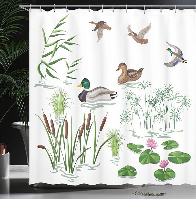 Ambesonne Rubber Duck Shower Curtain, Lake Animals and Plants Lily Flowers Reeds Cane in The Pond Nature Park, Cloth Fabric Bathroom Decor Set with Hooks, 69" W x 70" L, Green White