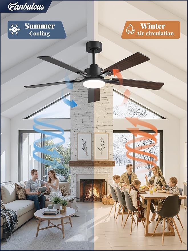 52 Inch Ceiling Fan with Light and Remote, 6 Speeds Reversible DC Motor Ceiling Fans for Bedroom Living Room Patio, 3CCT Dimmable LED, 5 Wood Blades, Downrod Mount, Sloped Ceiling Compatible