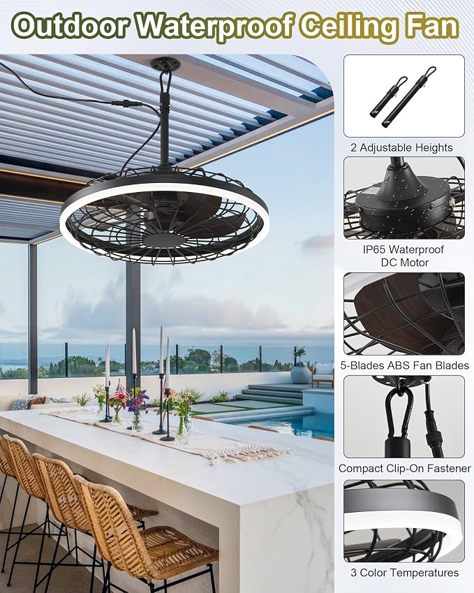 20" Gazebo Fan With Light Waterproof Ceiling Fan,5 Blade,Dimmable Color,3CCT,Alexa/Google,Dark Walnut Plug In Caged Outdoor Fan for Patio Backyard Family Reunions Parties