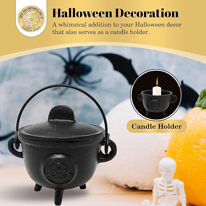 New Age Imports, Inc. Triquetra Cast Iron Cauldron w/Handle & lid, Ideal for smudging, Incense Burning, Ritual Purpose, Decoration, Halloween Decoration, Candle Holder, etc. (Triquetra - BR96)