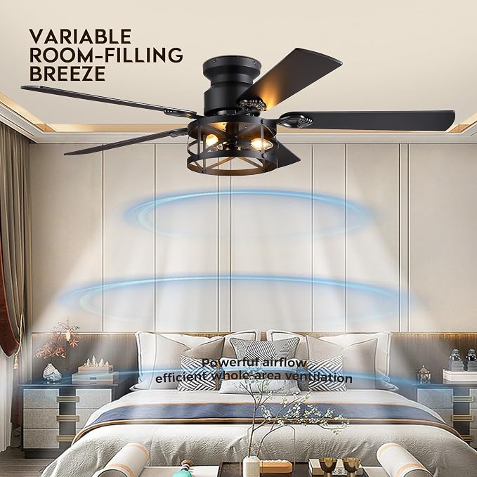 JSAITEE 52in Flush Mount Farmhouse Ceiling Fan with Lights, Caged | Low Profile Fan Light with E12 Base(Bulbs Not Included), 6 Speeds Adjustable&Timer, Rustic Lighting Fan for Indoor/Outdoor