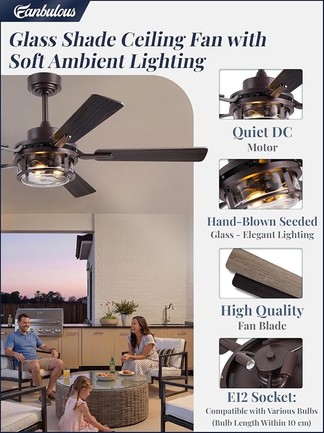 Fanbulous 52 Inch Ceiling Fan with Light and Remote,Downrod Mount Farmhouse Ceiling Fan for Bedroom, Quiet 6-Speed Reversible DC Motor, Rustic Brown & Wood Finish Blades