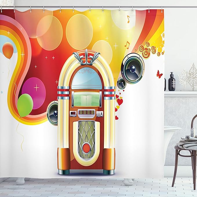 Ambesonne 1950s Shower Curtain, Party Abstract with Detailed Classic Juke Box Celebration Colored Cheerful Fun Event, Cloth Fabric Bathroom Decor Set with Hooks, 69" W x 84" L, Yellow Red