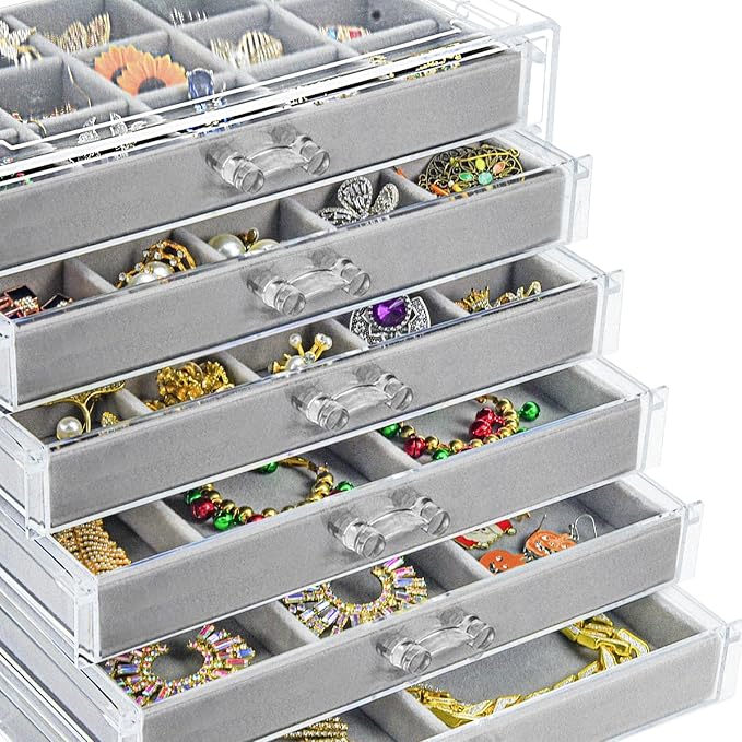 Watpot Acrylic Jewelry Box Organizer and Storage 6 Drawer for Earring Display Gray