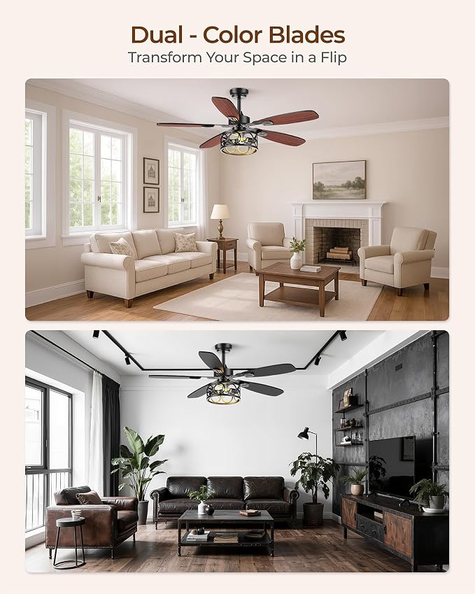 Ceiling Fans with Lights and Remote, 42'' Vintage Caged Ceiling Fan with Light, 5 Blades, 6+1 Speed, Flush Mount Ceiling Fan Whisper-quiet for Farmhouse, Living Room, Kitchen and Porch (42 Inch)