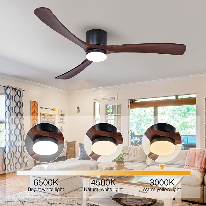 60" Wood Ceiling Fan with Lights Remote, Reversible DC Motor 6-Speed Ceiling Fan, 3 Blades Low Profile Flush Mount Ceiling Fans, Modern Ceilingfans for Low Profile, Walnut and Matte Black