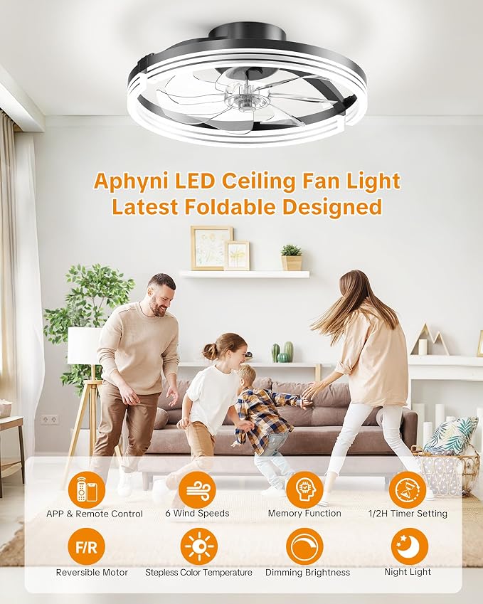 Ceiling Fans with Lights and Remote, Low Profile Ceiling Fan, Morden Flush Mount LED Fan Light, 3000K-6500K Dimmable for Bedroom, Kitchen, Living Room, Striped, Black