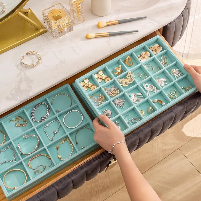 Frebeauty Jewelry Trays for Drawer,Set of 2 Jewelry Organizer and Storage | Velvet Material,Stackable,Adjustable Dividers,Drawer Inserts for Rings Studs Bracelet,Earring Organizer for Women Girls