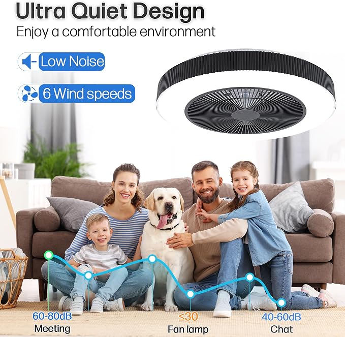 20" Bladeless Ceiling Fans with Light Remote Control,LED Smart Flush Mount Ceiling Fan With light for Bedroom, Kids Room, Reversible Motor, 6 Wind Speed, 3000LM, 57W-White/Black (Black)