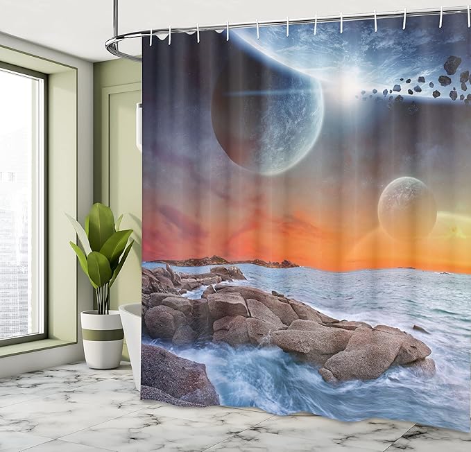 Ambesonne Galaxy Shower Curtain, Planet Landscape View from a Rocky Beach Ocean Science Theme Astro Art Illustration, Cloth Fabric Bathroom Decor Set with Hooks, 69" W x 84" L, Orange Umber