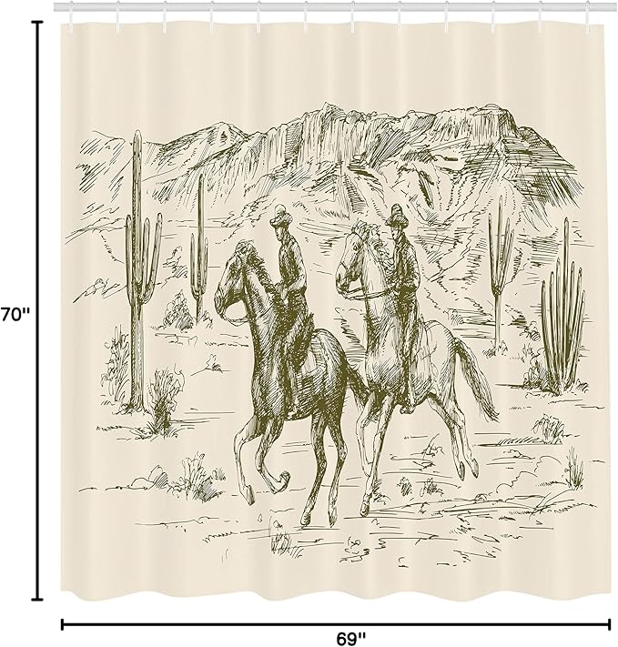 Ambesonne Western Shower Curtain, Country Theme Hand Drawn Illustration of American Wild West Desert with Cowboys, Cloth Fabric Bathroom Decor Set with Hooks, 69" W x 70" L, Cream Khaki