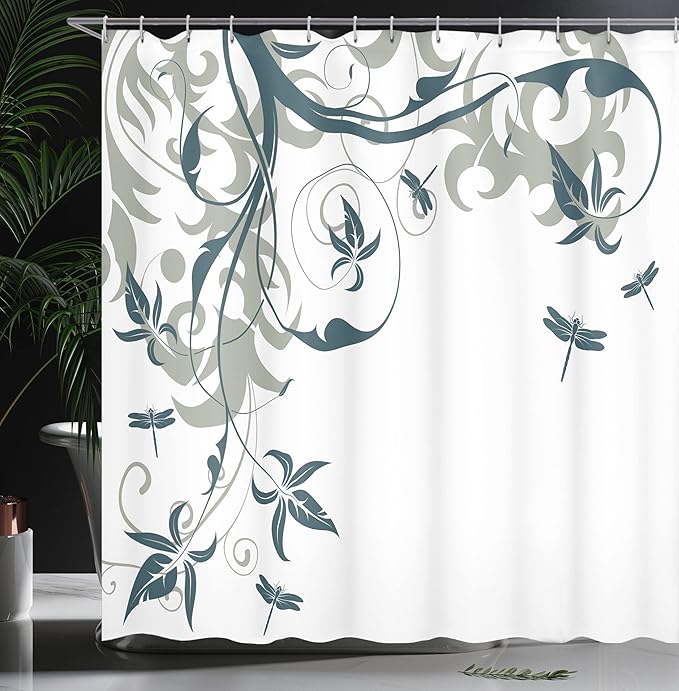 Ambesonne Dragonfly Shower Curtain, Swirled Floral Background Damask Curl Branches and Leaves Print, Cloth Fabric Bathroom Decor Set with Hooks, 69" W x 70" L, Dark Emerald