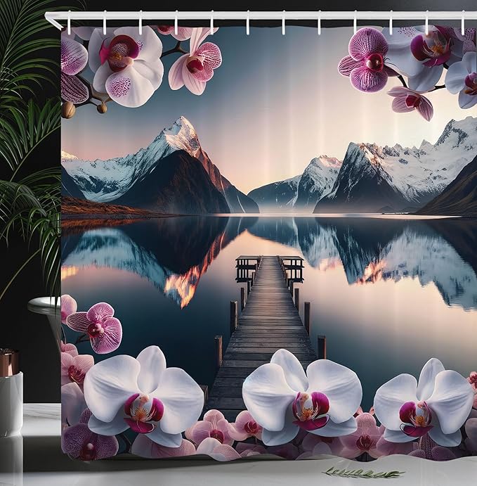 Ambesonne Lake Shower Curtain, Spring Time Orchid Flower Branches Snowy Mountains Pier Peaceful Water, Cloth Fabric Bathroom Decor Set with Hooks, 69" W x 84" L, Pale Purple Petrol Blue