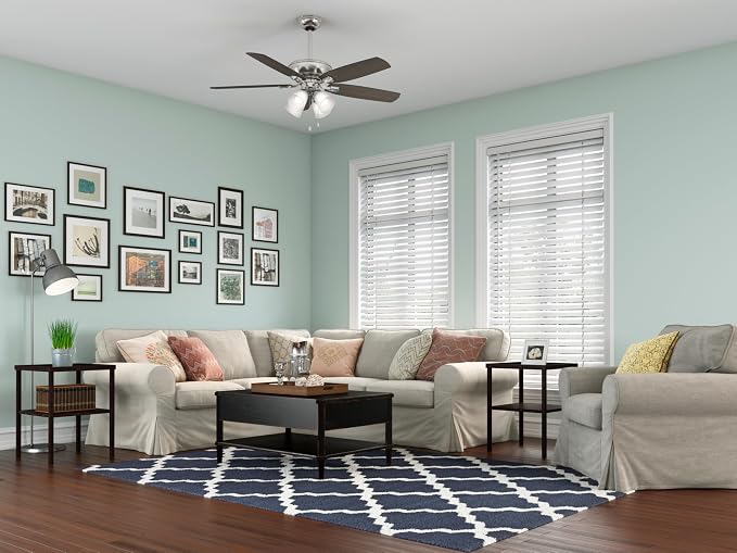 Hunter Amberlin, Indoor, Ceiling Fan, Pull Chain, 52 inch, Brushed Nickel | with LED Lights, Standard Mount, 5 Blades, For Bedroom, Living Room, Includes Bulbs, 53216