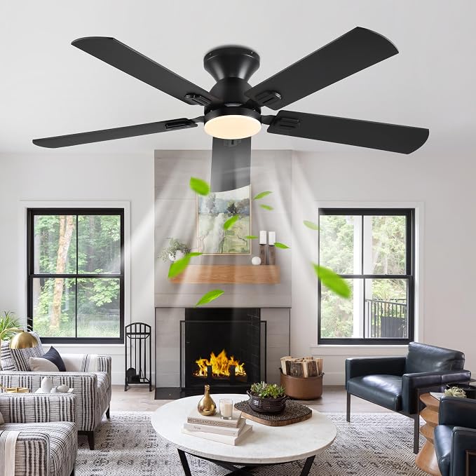 Ayaoty Ceiling Fan with Light - 52" Black Flush Mount Fandliers | 3CCT Dimmable, Reversible, Low Profile Fan Light for Indoor Modern Bedroom, Kitchen