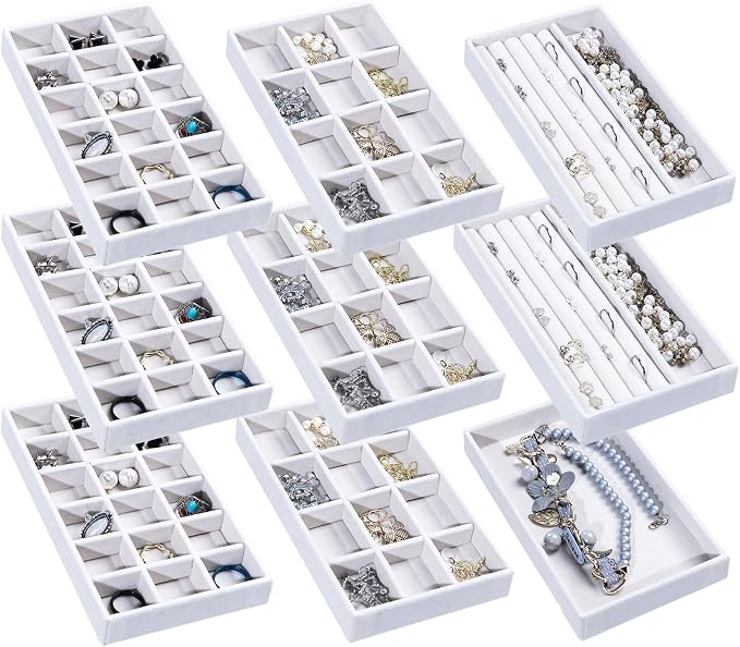 Frebeauty Jewelry Trays for Drawer,Set of 9 Jewelry Organizer and Storage | Velvet Material,Earring Holder Organizer,Stackable Jewelry Display for Vanity,Drawer Inserts for Rings,Studs,8.3×4.9 inch