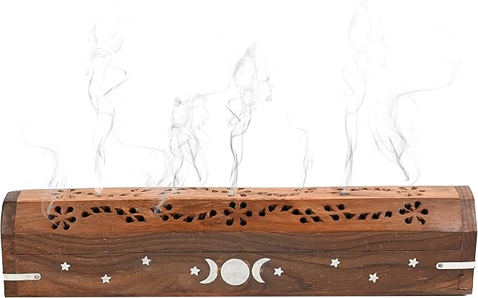 Incense Garden Pack of 2 Incense Stick Holder - Coffin Style - Wood Incense Stick Burner with Triple Moon Inlays (Natural) Handmade with Brass Inlays