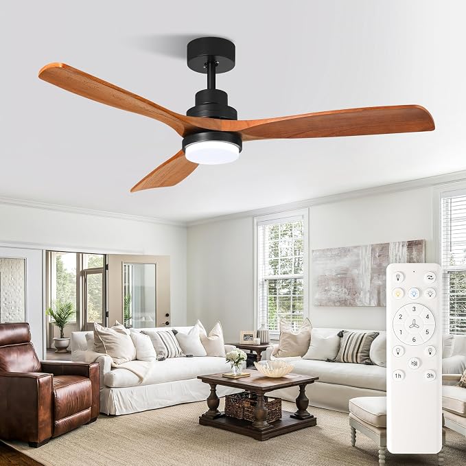 52inch Ceiling Fan with Light and Remote for Outdoor/Indoor Use, Patios, Bedrooms, Living Rooms, Kitchens, 6 Speeds,3CCT Switchable,with 3 Solid Wood Blades and Modern, Noiseless, Reversible Function