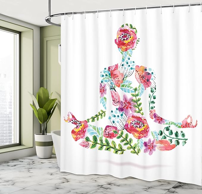 Ambesonne Yoga Shower Curtain, Colorful Yoga Pose Floral Human Leaf Meditating Spring Wellness Vibrant Colors Namaste, Cloth Fabric Bathroom Decor Set with Hooks, 69" W x 75" L, Pink Blue