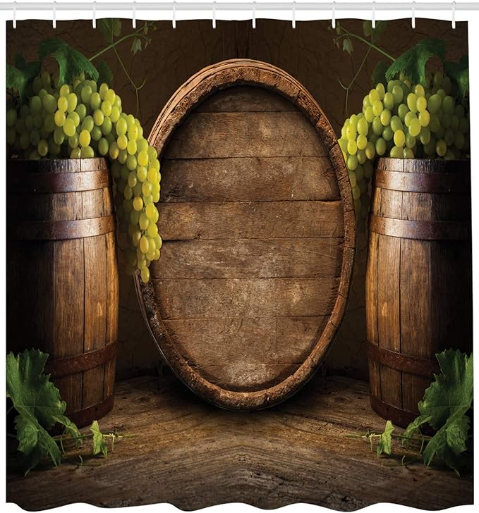 Ambesonne Winery Shower Curtain, Still Life of Wine with Wooden Keg Old Fashioned Wine Keeper Tasting, Cloth Fabric Bathroom Decor Set with Hooks, 69" W x 75" L, Green Apple