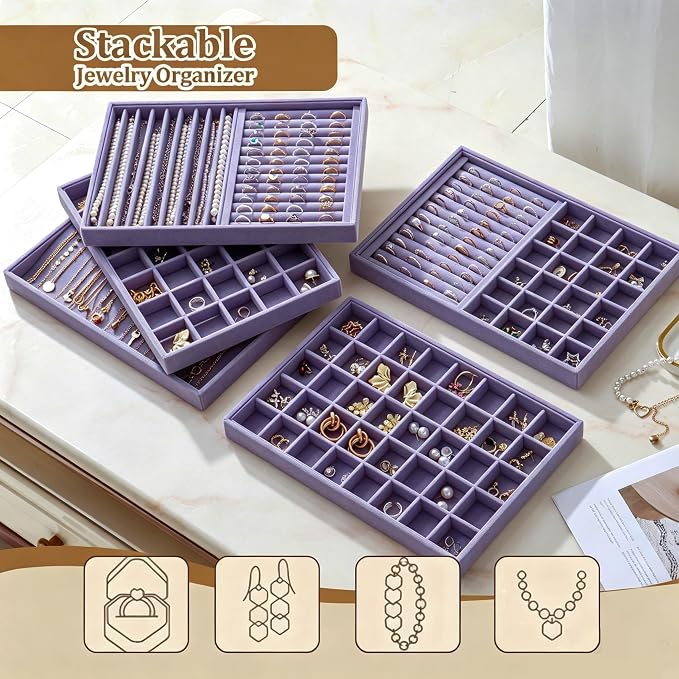 Large Velvet Jewelry Tray 2 Pack Stackable Jewelry Display Drawer Inserts Trays Organizer for Earring Bracelet Necklace Ring (Purple, Ring and 24 Grids)
