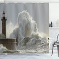 Ambesonne Lighthouse Shower Curtain, Big Waves in a Sunny Storm of Portuguese by The North Coast Catastrophe and Disaster Art, Cloth Fabric Bathroom Decor Set with Hooks, 69" W x 84" L, Grey White