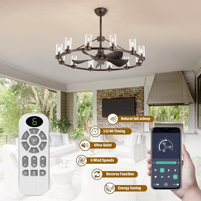 44" Wagon Wheel Chandelier Ceiling Fans with Lights and Remote with APP, 12-Lights Farmhouse Fandelier Fans with Glass Shade, Antique Bronze Lighting Fixture for Dining Living Room, Kitchen Island