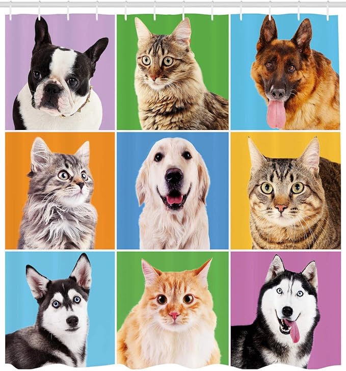 Ambesonne Animal Shower Curtain, Various Dog and Cat Portraits Puppies Kittens Pet Company Funny Humor Design, Cloth Fabric Bathroom Decor Set with Hooks, 69" W x 84" L, Green Blue