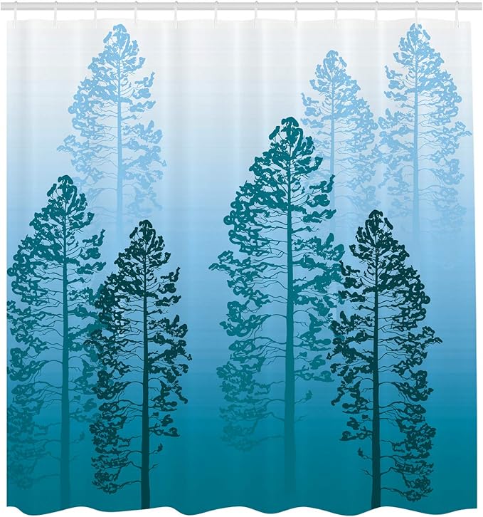 Ambesonne Country Shower Curtain, Pine Trees in The Forest on Foggy Seem Ombre Backdrop Wildlife Adventure Artwork, Cloth Fabric Bathroom Decor Set with Hooks, 69" W x 84" L, Azure Blue