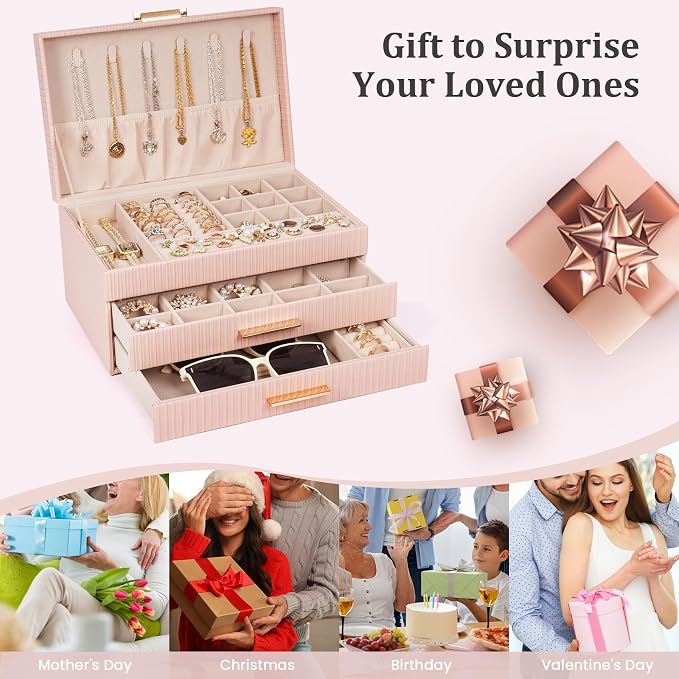 Dajasan Jewelry Box Organizer, 3-Tier Jewelry Storage Organizer with 2 Drawers, Large Jewelry Box for Girls Women, PU Leather Surface with Texture, Gift Idea, Modern Style (Pink)