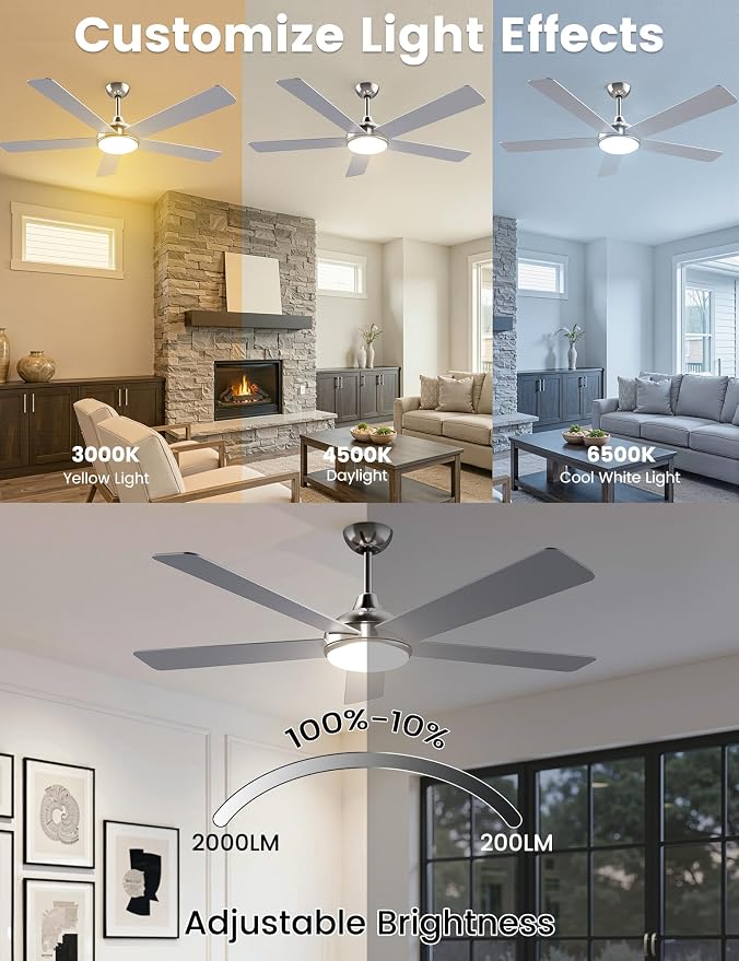 60 Inch Ceiling Fans with Lights and Remote/App Control: Brushed Nicel Ceiling Fan with Light, Quiet DC Motor, Dimmable Tri-Color LED, Modern Ceiling Fan for Bedroom/Patio, Indoor/Outdoor