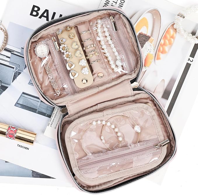 NISHEL Travel Jewelry Case Organizer, Tangle-Free Necklace Storage Bag | Stores rings, earrings, bracelets and watches in a compact case for travel, vacations and daily use, Pink, Small