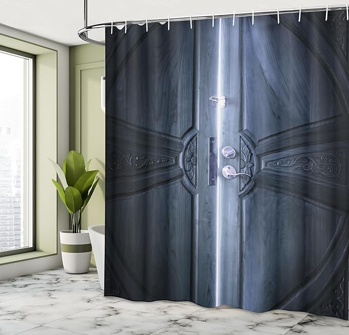 Ambesonne Rustic Shower Curtain, Sun Rays Entering Through The Slightly Open Door Shadow Beams Inside House Closeup Look Image, Cloth Fabric Bathroom Decor Set with Hooks, 69" W x 75" L, Black White