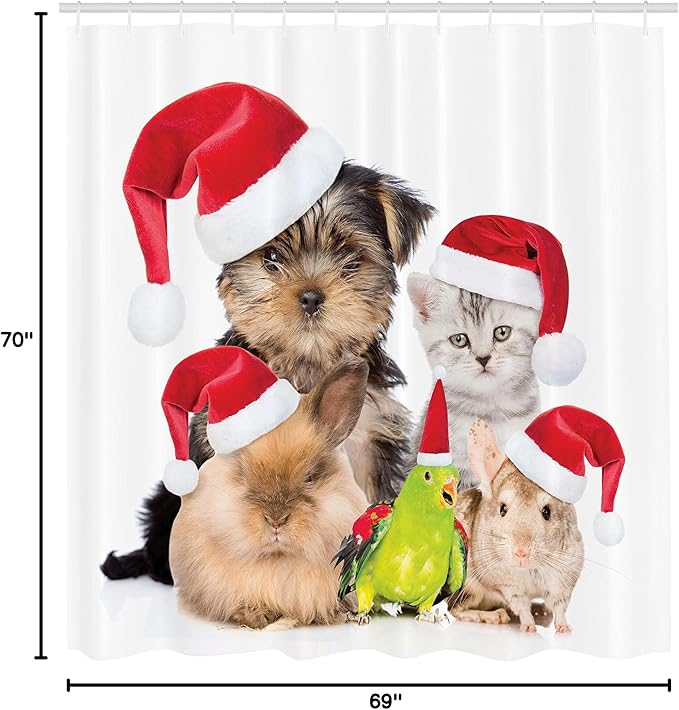 Ambesonne Christmas Shower Curtain, Xmas Crew Cat Dog Bird Mouse and Rabbit Bunny with Santa Hats Grumpy Pets Picture, Cloth Fabric Bathroom Decor Set with Hooks, 69" W x 70" L, Red Brown