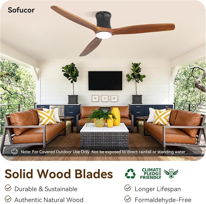 Sofucor 52 Inch Low Profile Ceiling Fan with Lights and Remote | Outdoor Modern Flush Mount, 6-Speed 3-CCT with Timer, 3 Wood Blades, For Bedroom Living Room Patios