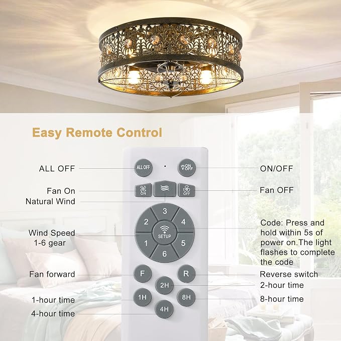 Garwarm 20" Caged Ceiling Fans with Lights,Vintage Victorian Rustic Crystal Fandelier,Low Profile Flush Mount Enclosed Bladeless Ceiling Fan with Light and Remote for Bedroom,Kitchen,Dining Room