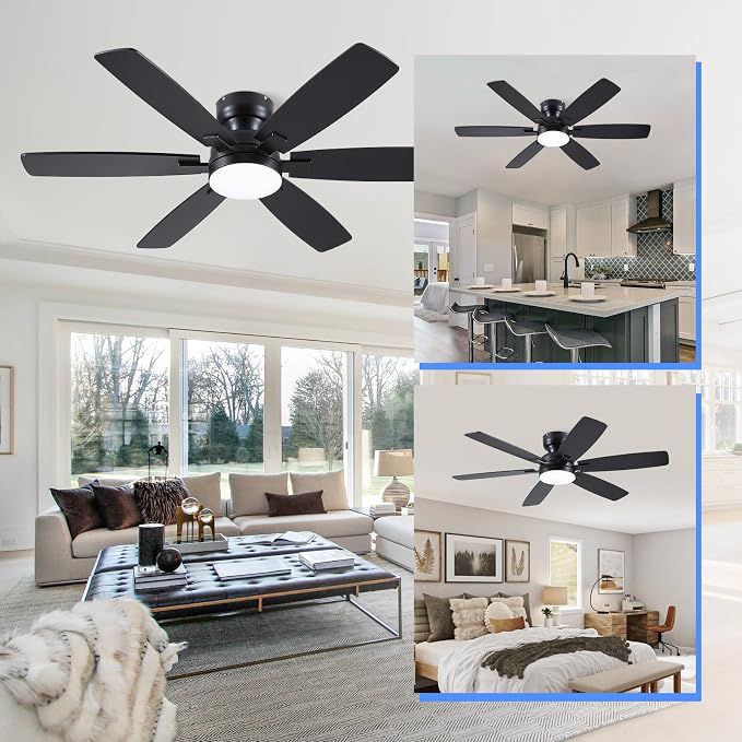 Kviflon 52" Ceiling Fans with Lights, Low Profile Ceiling Fan with Light and Remote/APP Control, Flush Mount Ceiling Fan with 6 Reversible Fan Blades, 3CCT, Dimmable, Quiet Motor for Bedroom Black