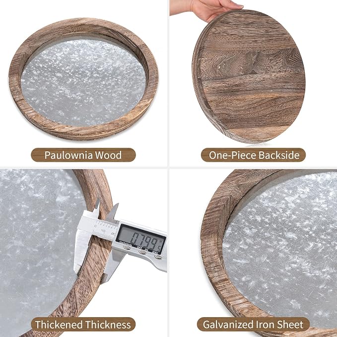 Hanobe Round Wood Candle Holder Trays, Coffee Table Decor for Centerpieces | Wooden Base with Zinc Iron plate, Decorative Tealight Candlestick for Kitchen Counter, Farmhouse Living Room Decor