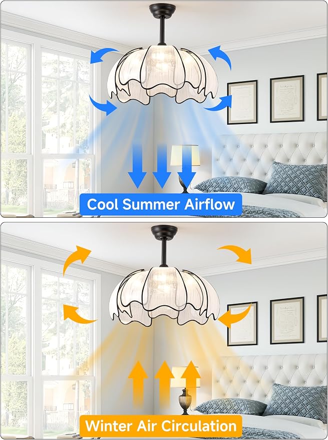 26" Flower Ceiling Fans with Lights and Remote Control,Boho Black Chandelier Fan with 6 Speeds, Modern Fandelier for Kitchen Island,Dining Room,Living Room,Nursery
