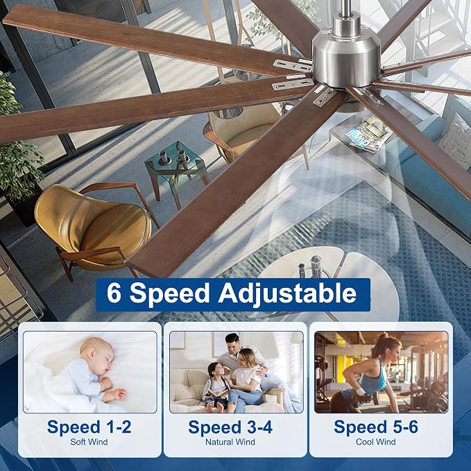 Rayqueen 84 Inch Brushed Nickel Ceiling Fans with Lights and Remote,Downrod | Walnut Blades,6 Speed Reversible DC motor,3-color temperature dimmable LED.5.9/11.8/23.6 inch downrod