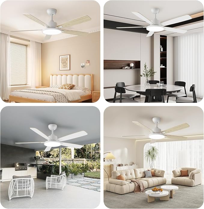 TALOYA 52 Inch White Ceiling Fans with Lights Led Remote Control Flush Mount Low Profile for Bedroom Living Dining Room Outdoor Farmhouse Patio,Reversible,DC Motor,Diammable,Buzzer ON/Off,5 Blades